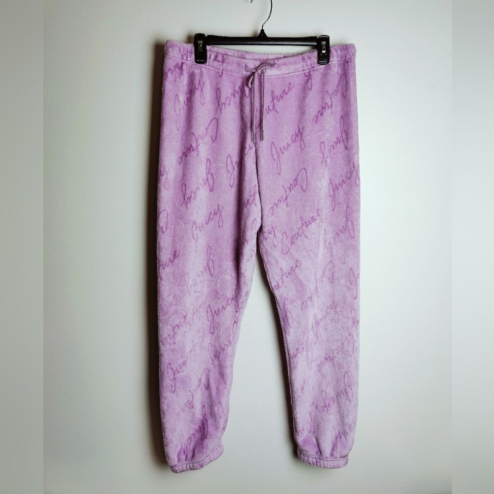 Y2K Juicy Couture Lilac Purple Allover Logo Fleece Pajama Jogger Pants, Size XL